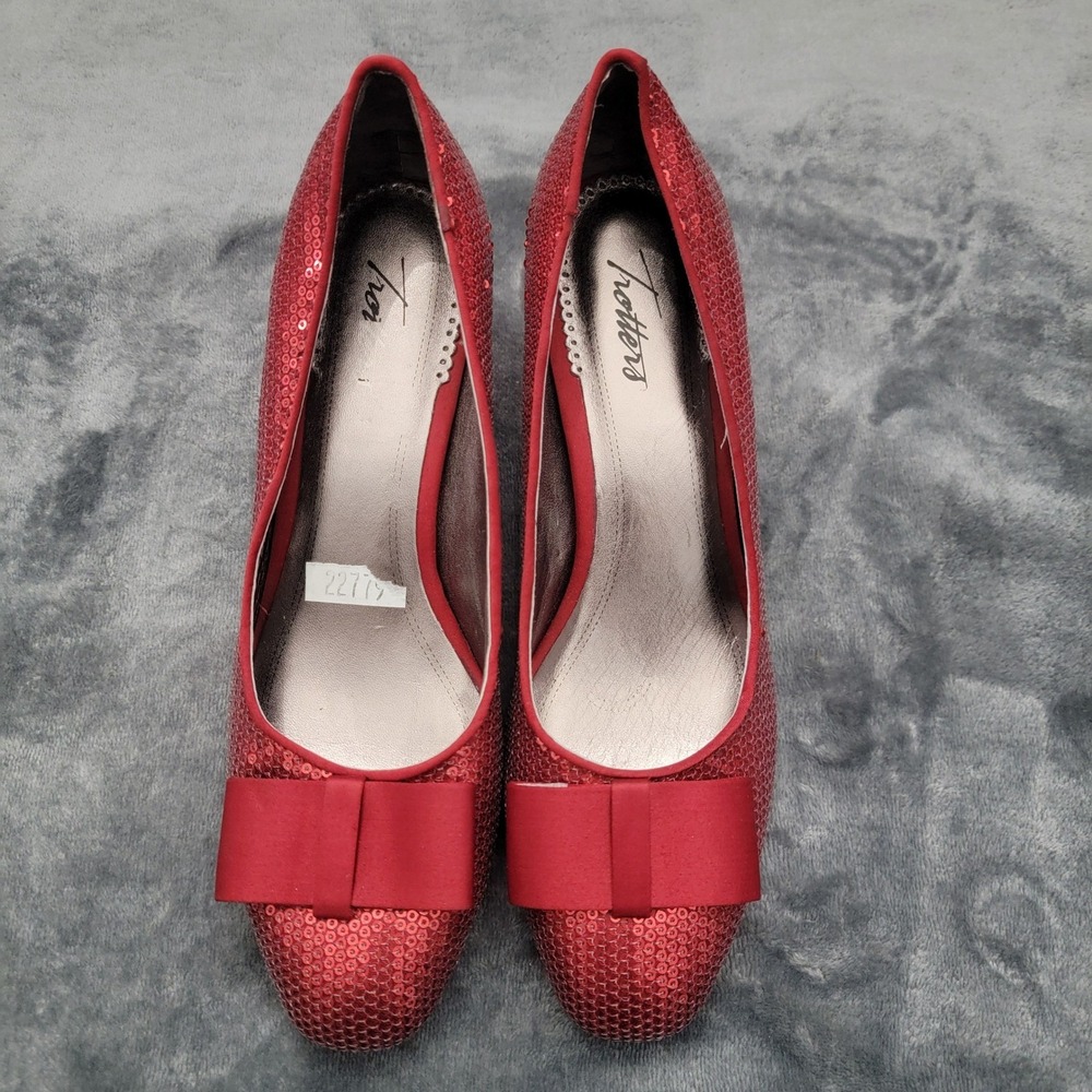 Trotters Red Sequin Bow Block Heel Pump Shoes Womens 9N Dorothy Ruby Slippers